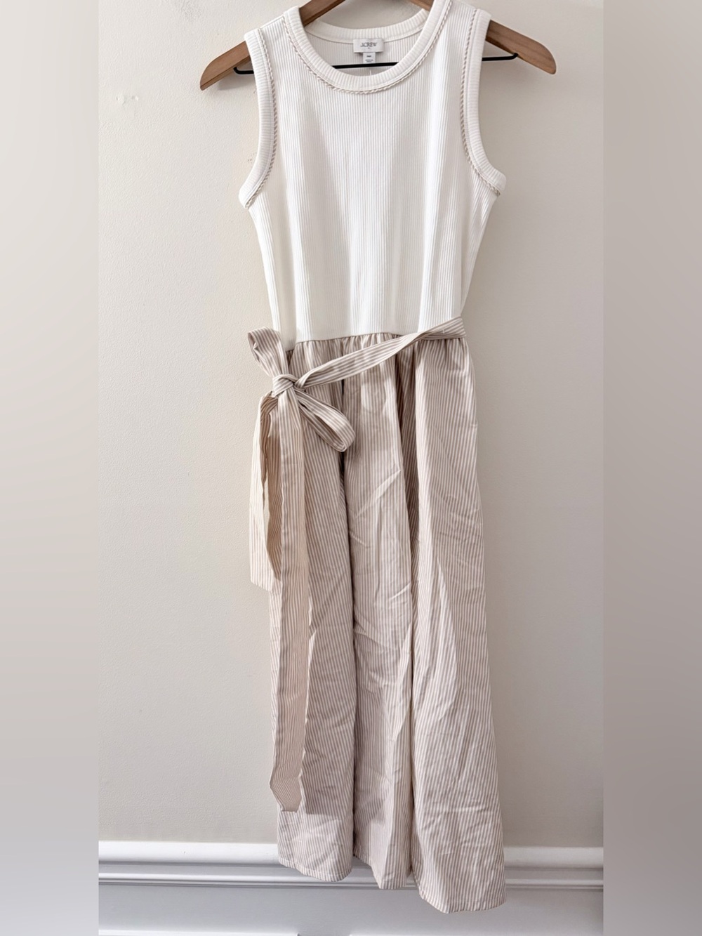 J.Crew Mixed Media Midi Dress Womens MP Tan White Striped Belted Tank NWT - Picture 2 of 8